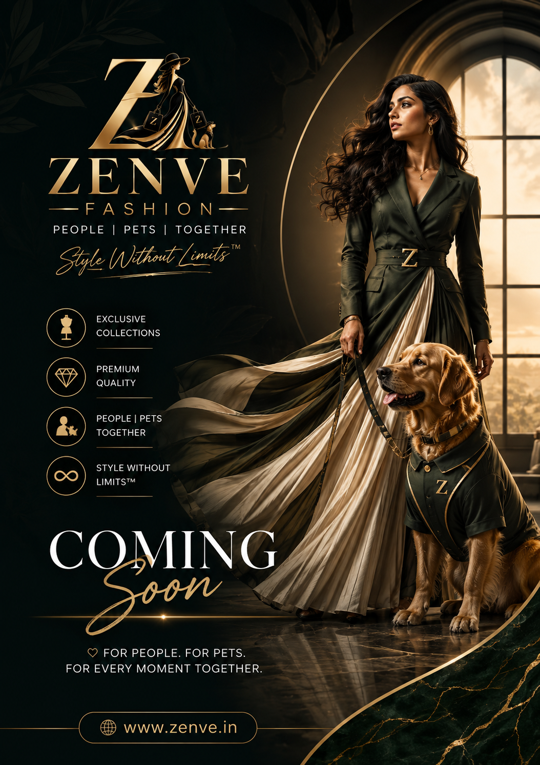 Zenve Fashion poster with a model in an emerald coat-dress and a dog in a matching jacket