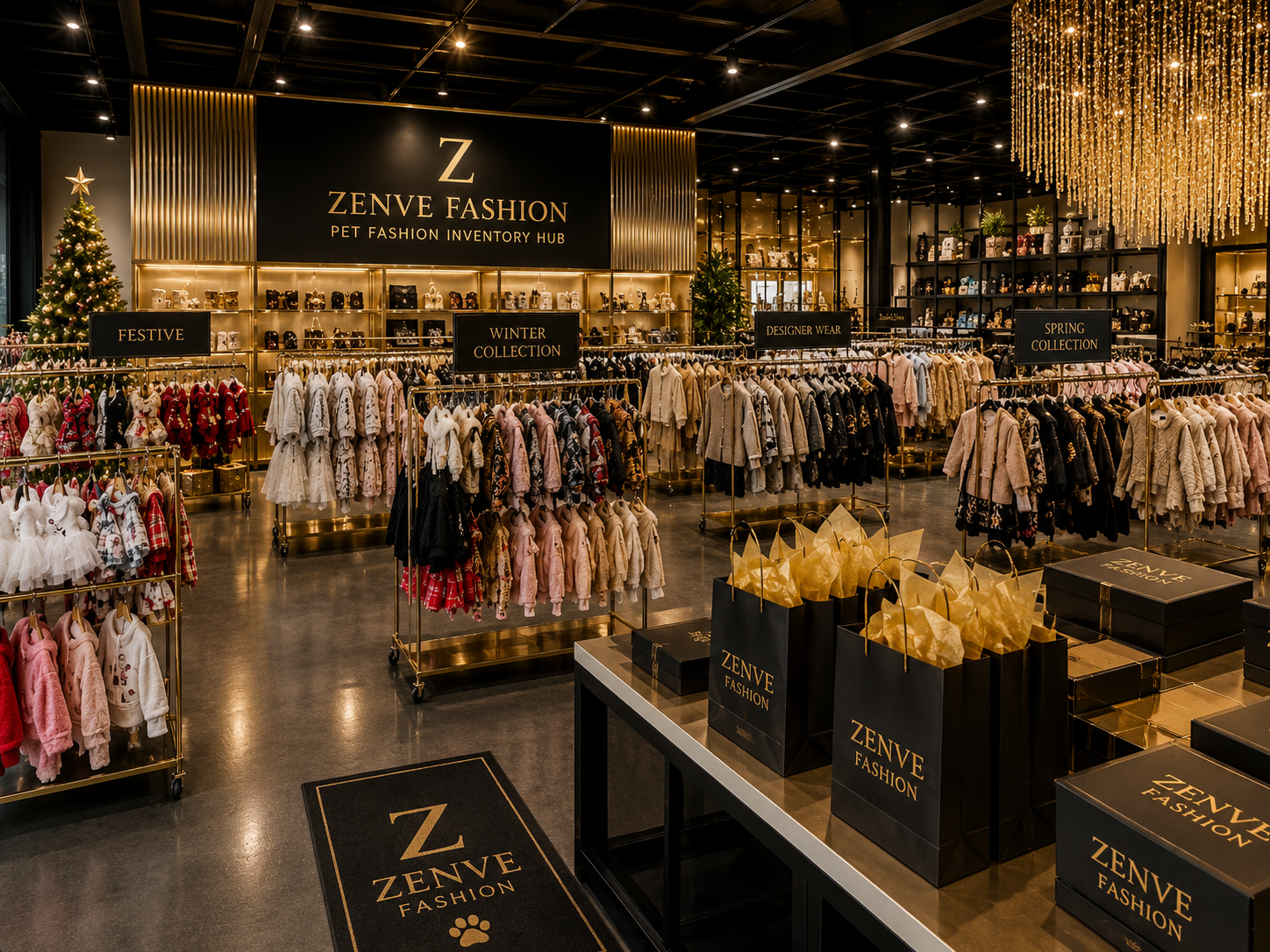 Zenve pet fashion inventory hub in Bengaluru with racks of pet couture and accessories