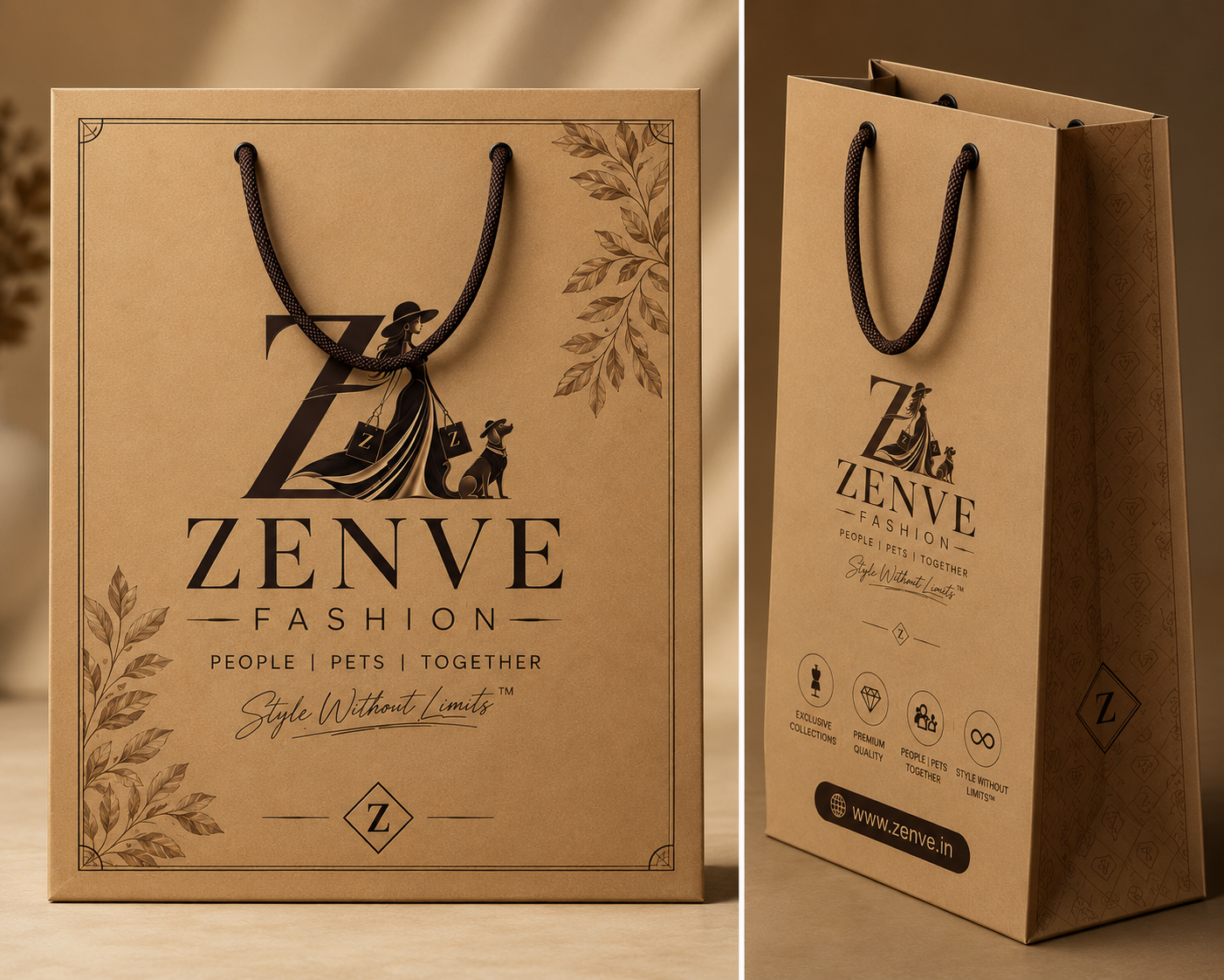 Zenve Fashion kraft paper bag with embossed logo