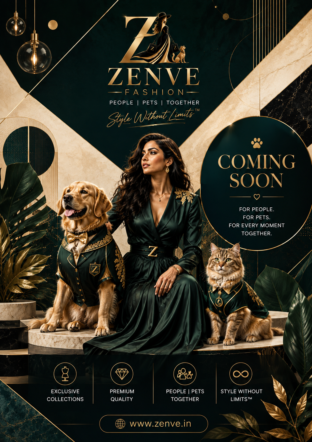 Zenve Fashion poster with a model, a dog and a cat in matching emerald and gold outfits