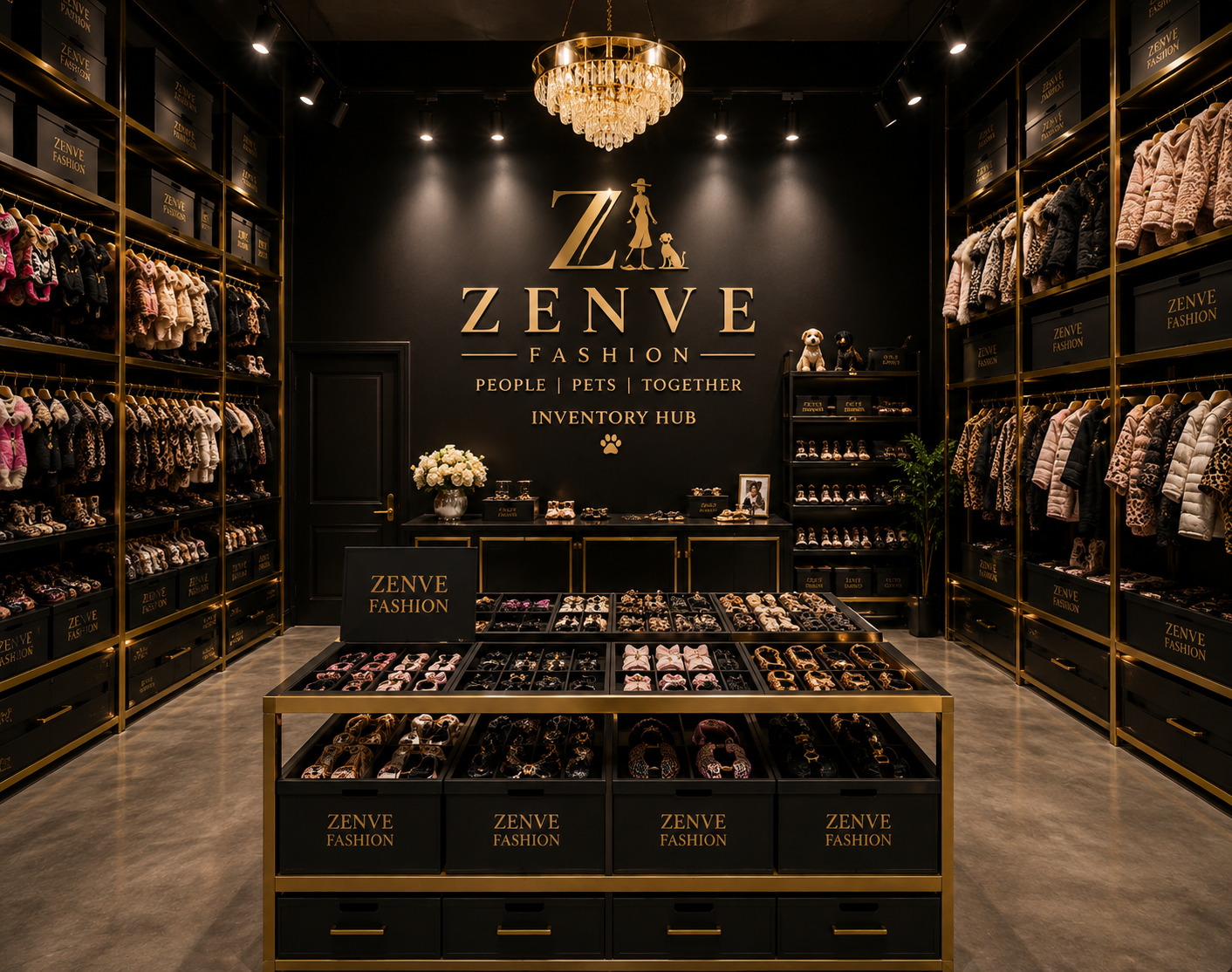 Zenve pet fashion inventory hub in Chennai with folded pet couture and accessories