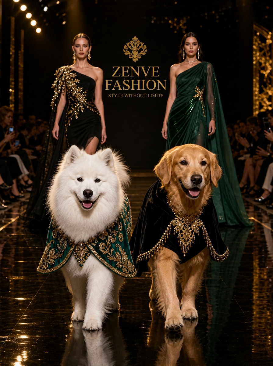 Zenve Fashion runway with a Samoyed in an emerald gold-embroidered pet cape and a golden retriever in a black velvet cape leading two models in unique couture gowns