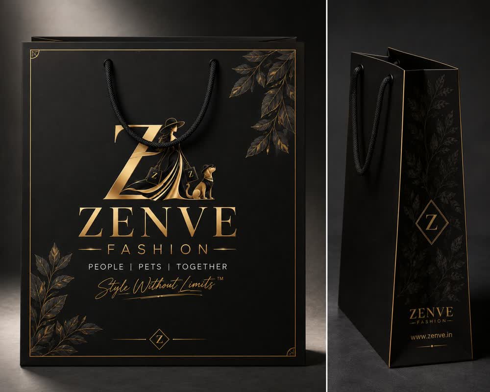Zenve Fashion black paper bag with gold foil logo