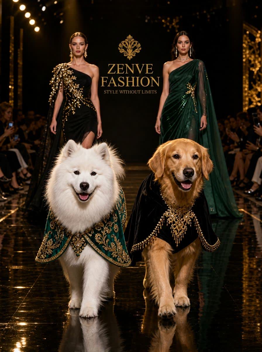 Zenve Fashion runway with a Samoyed in an emerald gold-embroidered pet cape and a golden retriever in a black velvet cape leading two models in unique couture gowns