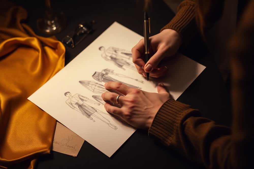 Designer sketching a garment beside gold fabric