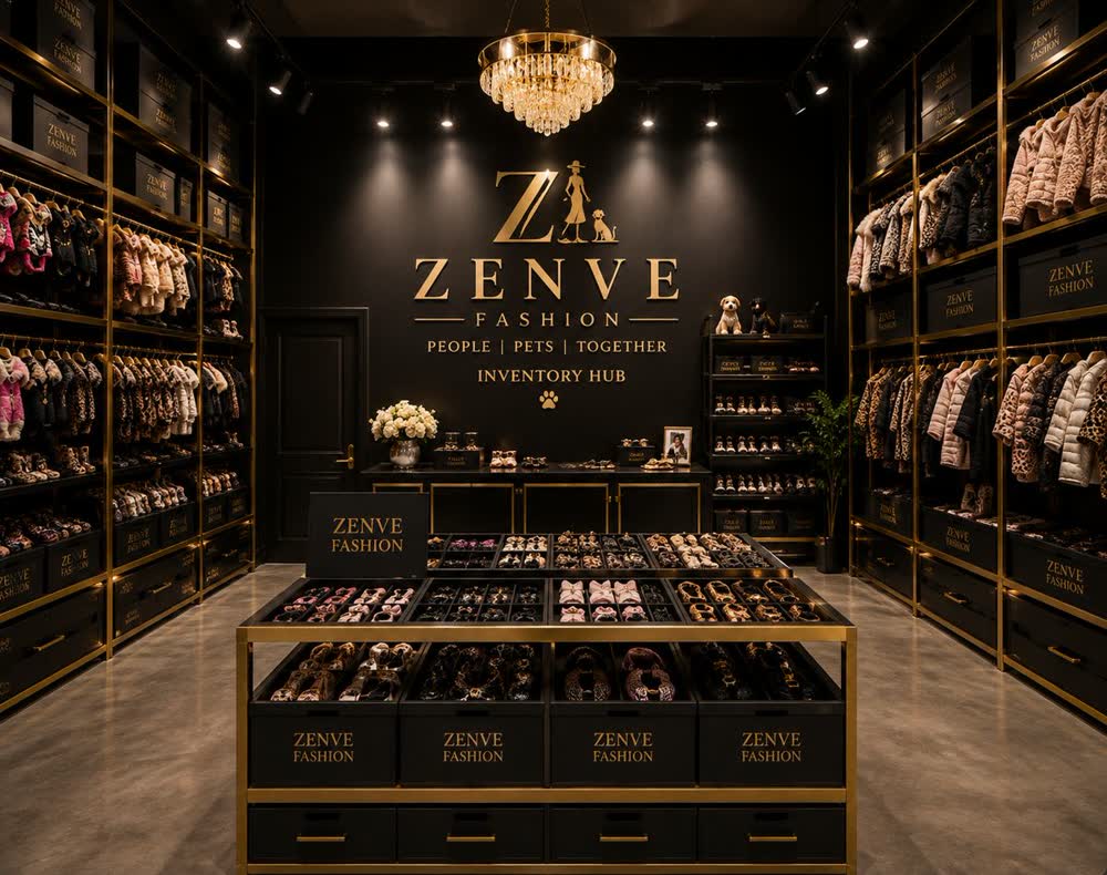 Zenve pet fashion inventory hub in Chennai with folded pet couture and accessories