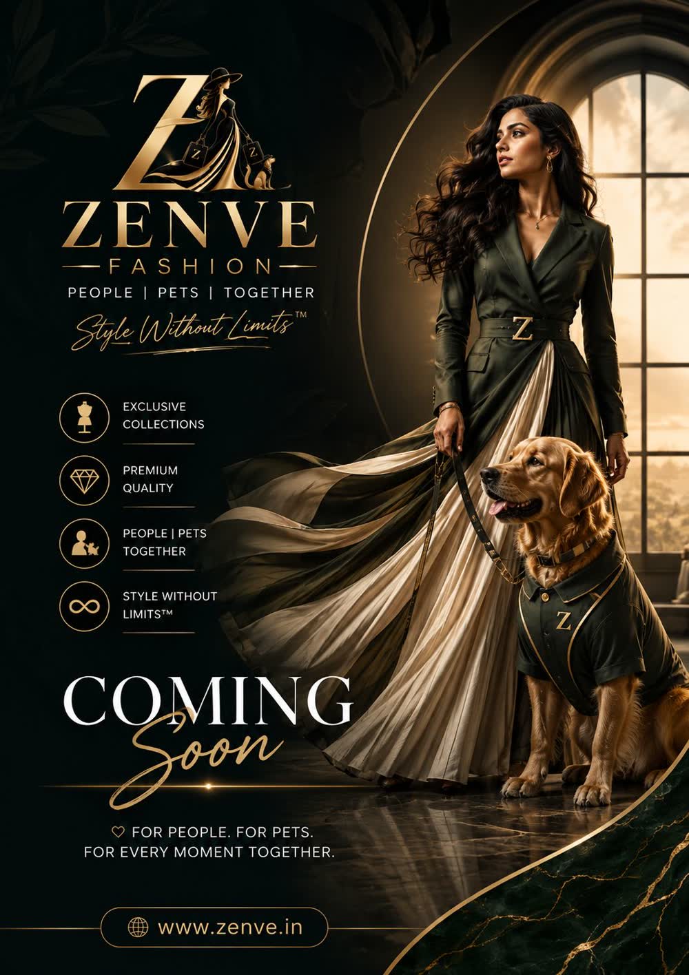 Zenve Fashion poster with a model in an emerald coat-dress and a dog in a matching jacket
