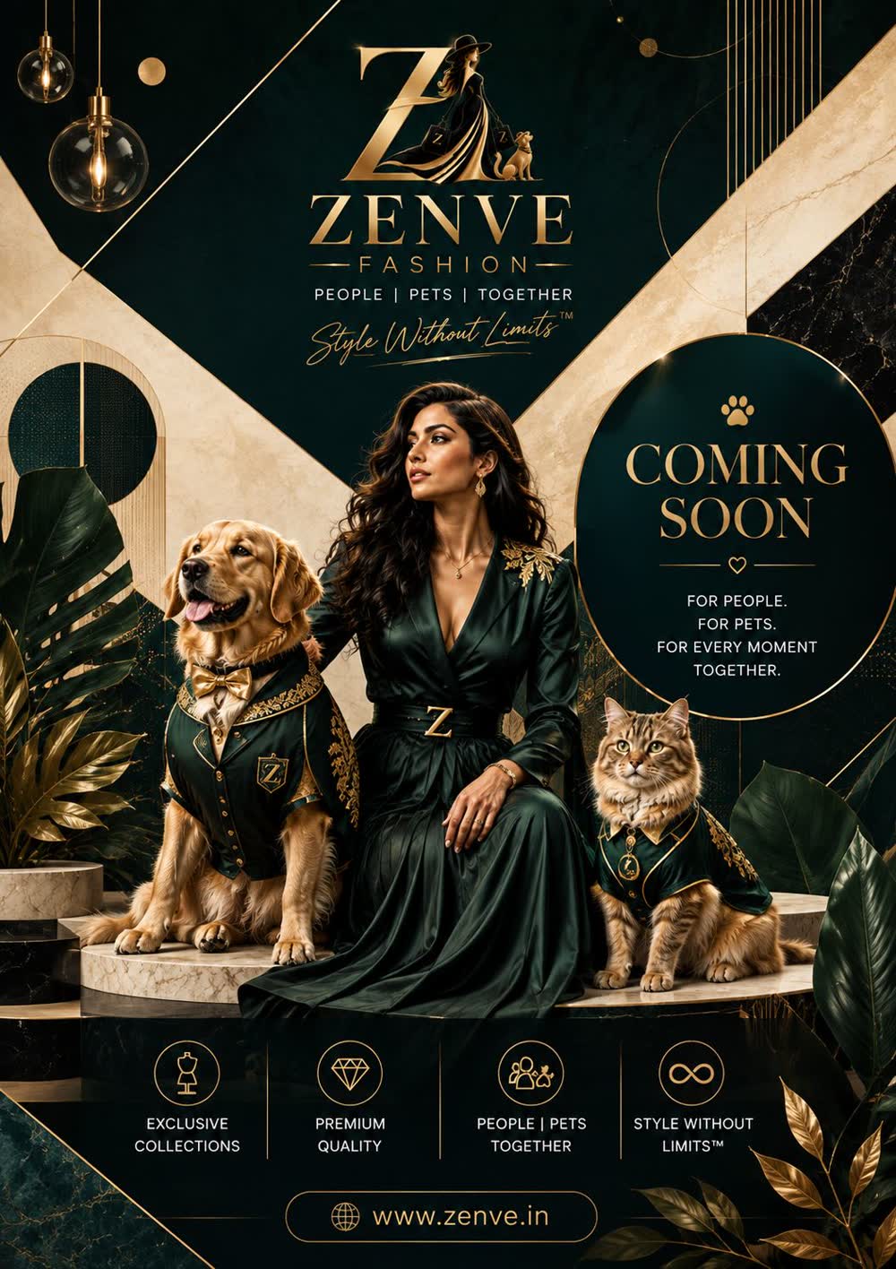Zenve Fashion poster with a model, a dog and a cat in matching emerald and gold outfits